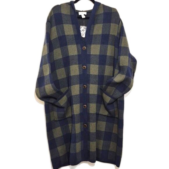 Denim & Co. Plaid Hooded Cardigan 3XP Blue Green Checker Button Front Cozy Knit - Picture 8 of 8